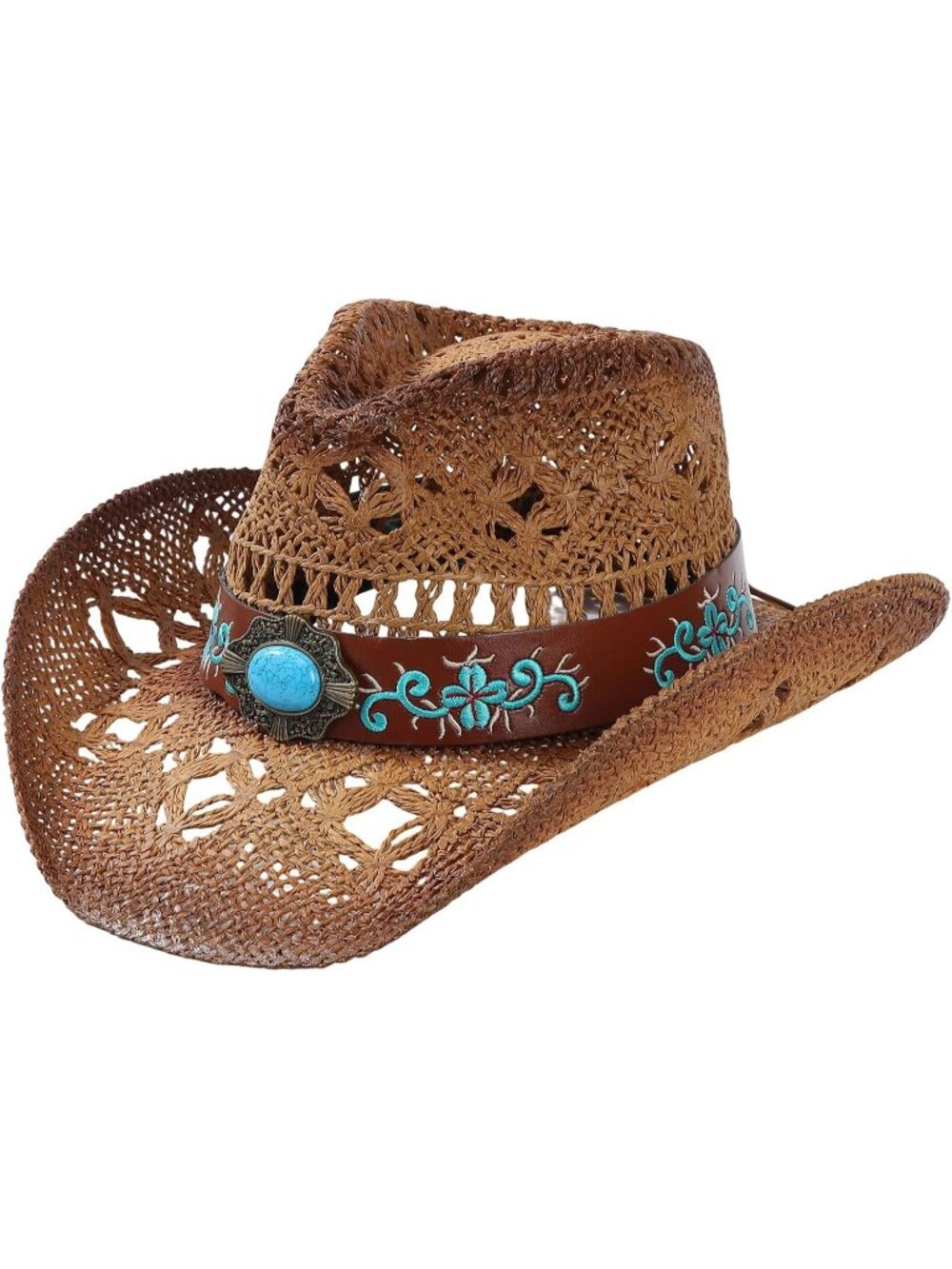 Unisex Coffee Beaded Band Wide Brim Breathable Western Straw Summer Cowgirl Hat